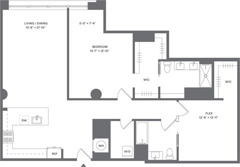 Floor plan for 1 bed, 2 baths, 1423 sqft